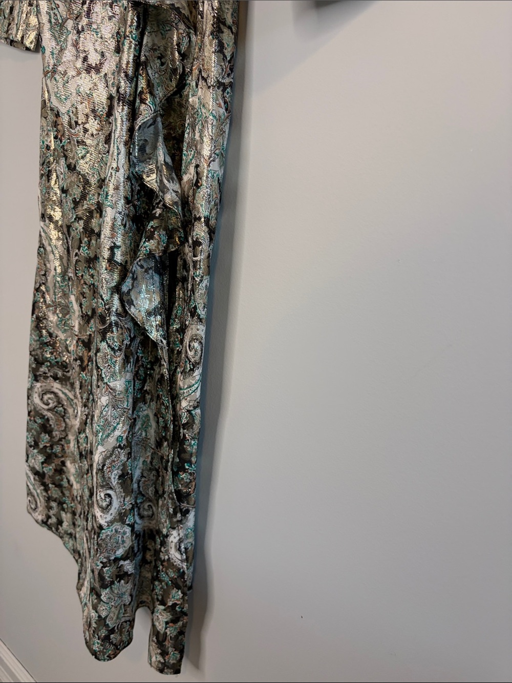 Sandro Paris Long-Sleeve Metallic Paisley Twist-Front Midi Dress - Silver Green - Picture 5 of 14